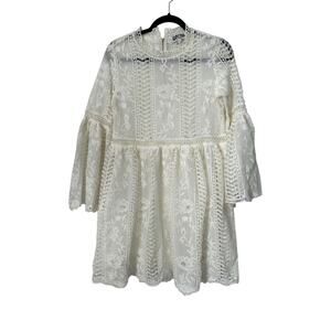 Amylynn Dress Size M White Floral Crochet Lace Unlined High Neck Flared Sleeve
